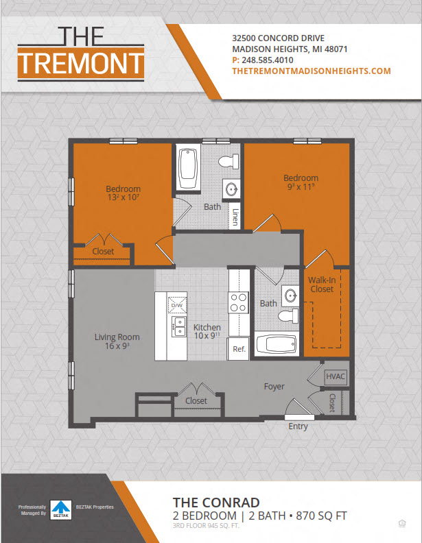 Floor plan for 2 beds, 2 baths, 870 sqft